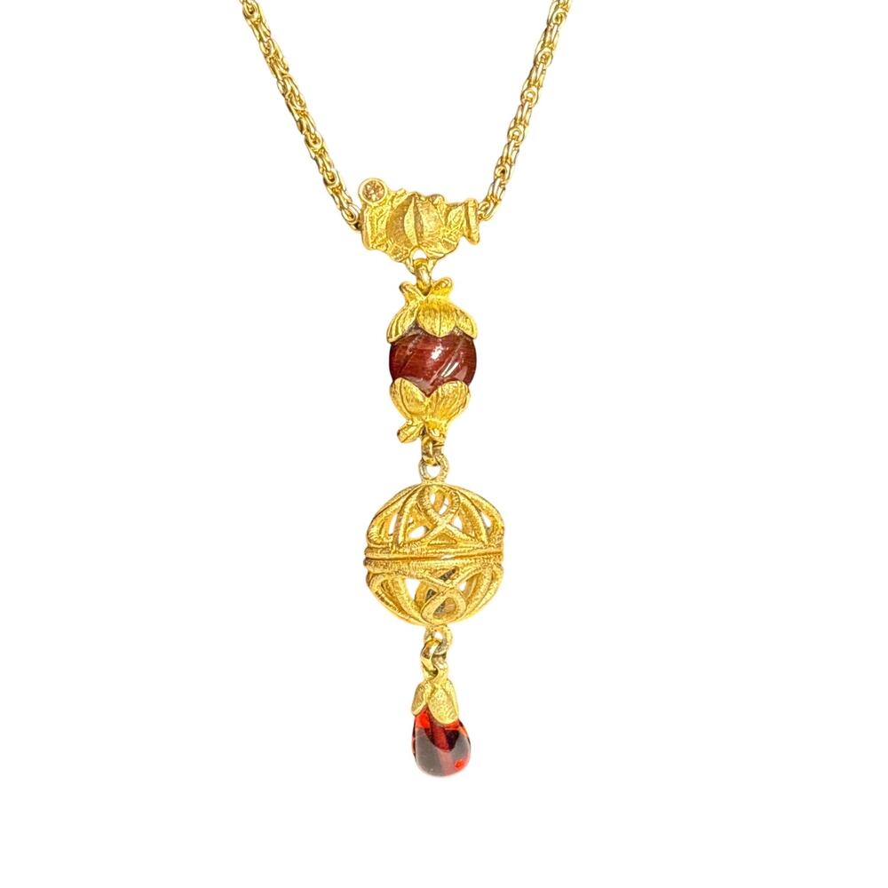 Vintage Gold Tone Statement Necklace Red Glass Drop Ornate Victorian Style 26”
